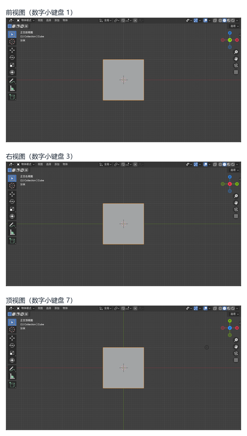 按下数字小键盘 1 / 3 / 7 得到的三个标准视图