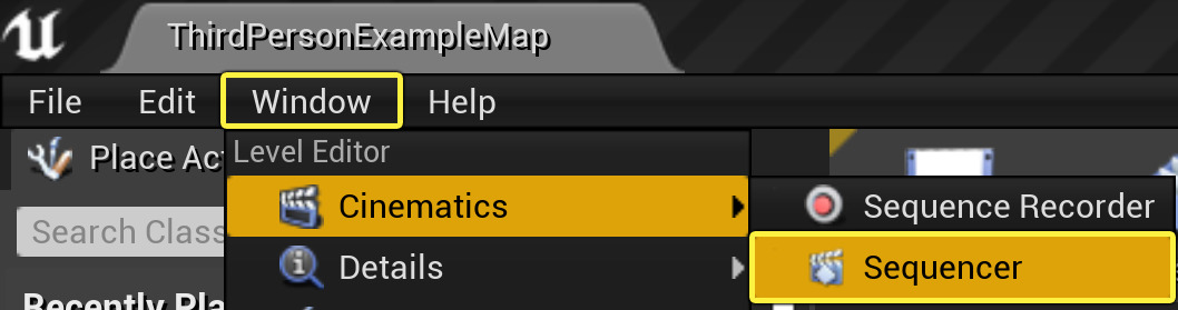 Window menu navigator to Cinematics and Sequencer