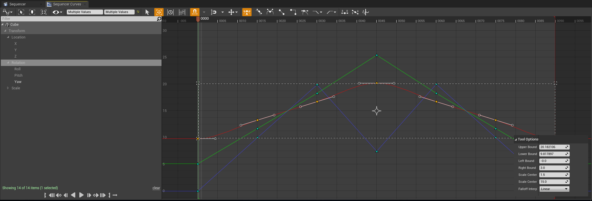显示边界、中心、衰减工具选项和曲线
