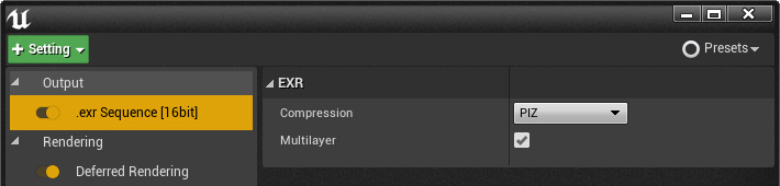 设置窗口中的EXR格式