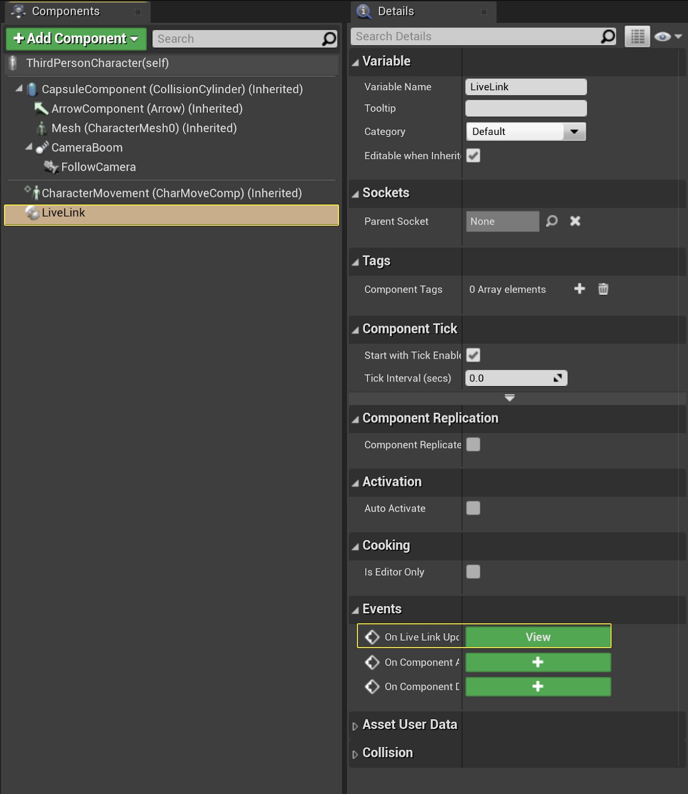 Live Link组件细节面板