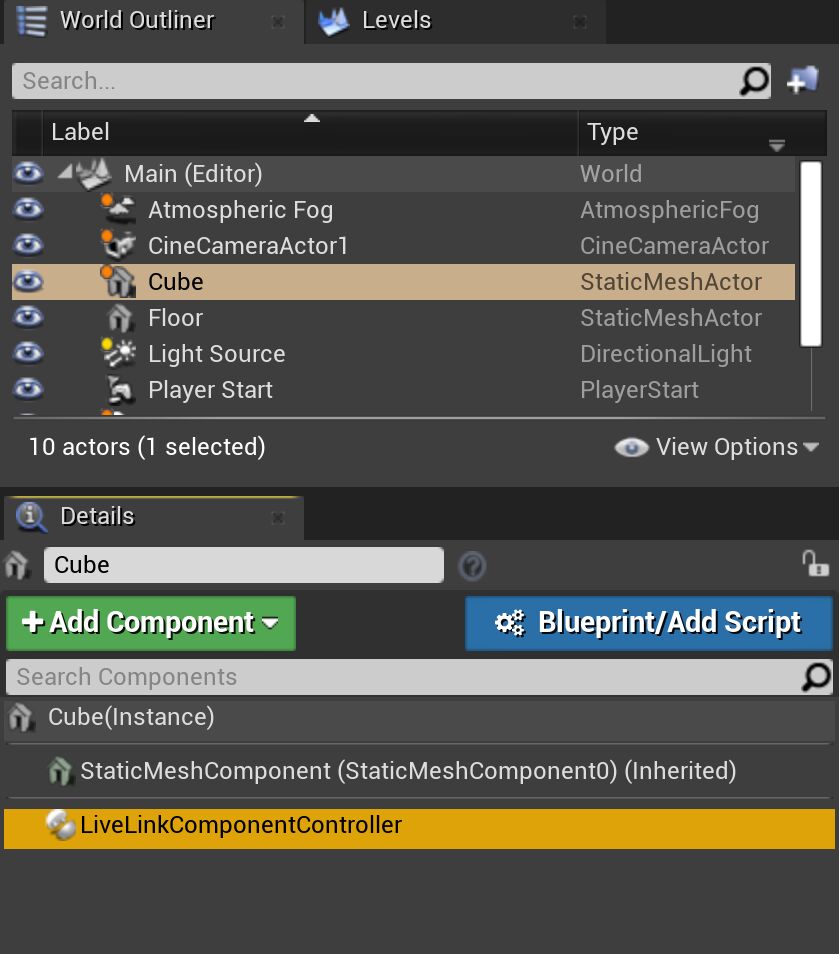 将Live Link控制器应用到立方体静态网格体Actor