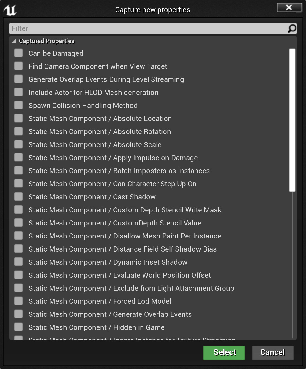 Choose properties to capture