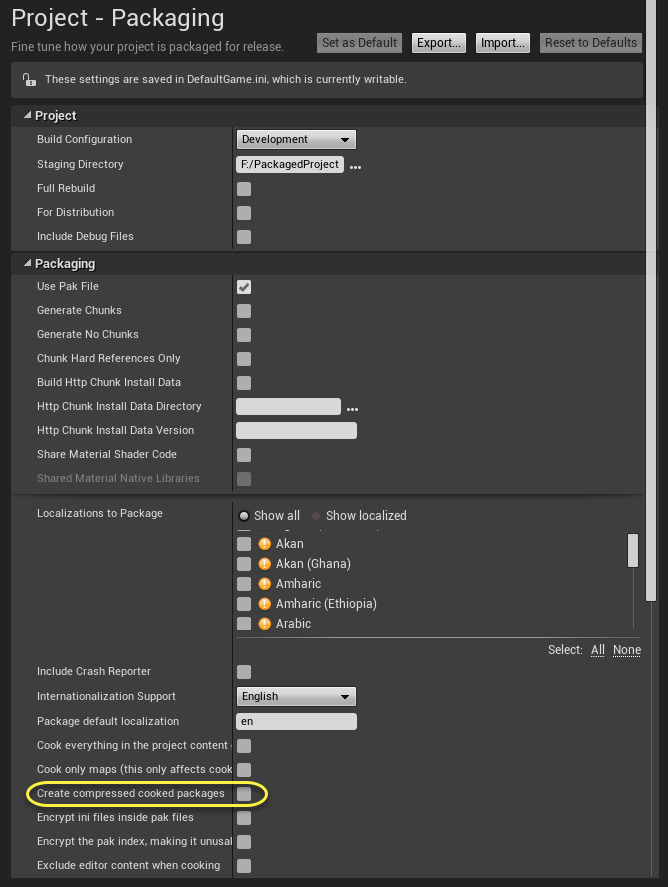 Project Settings - Compress Pak option