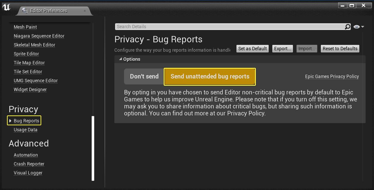 Bug Reports Default Setting