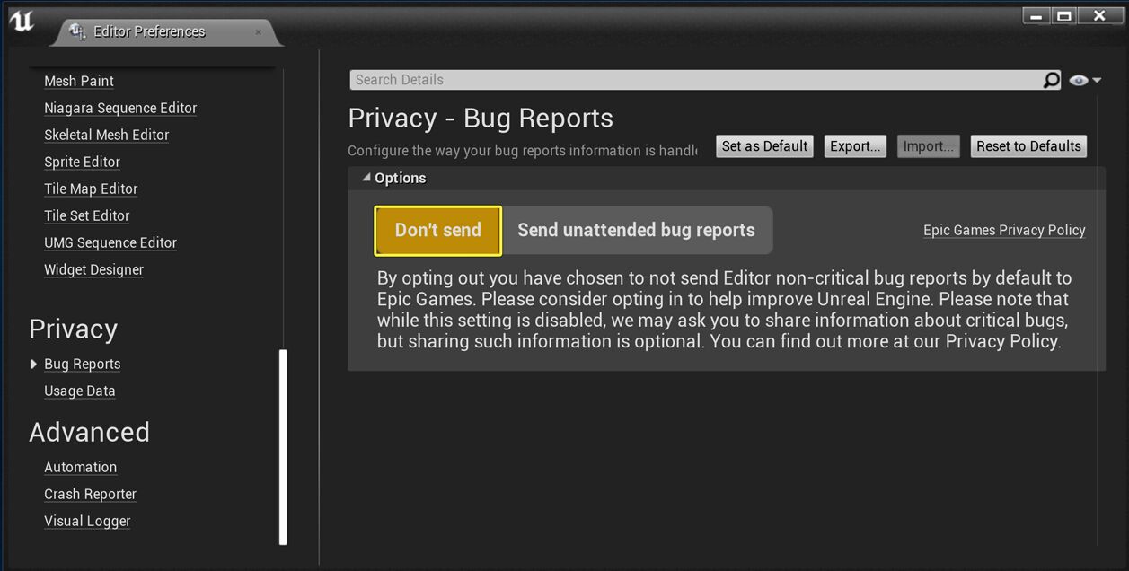Bug Reports Opt-Out Setting