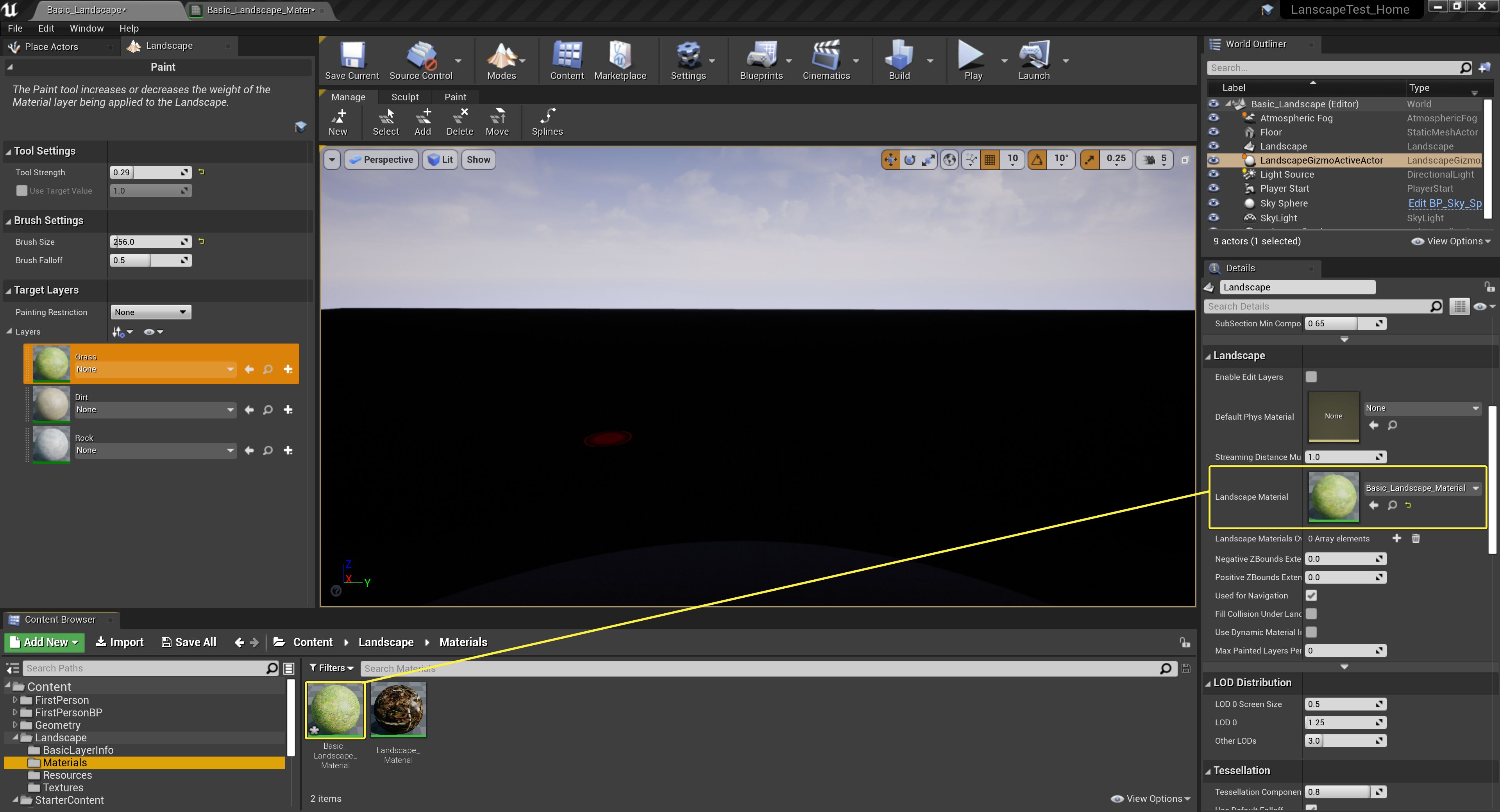 Image of applying the Landscape Material to the Landscape Actor
