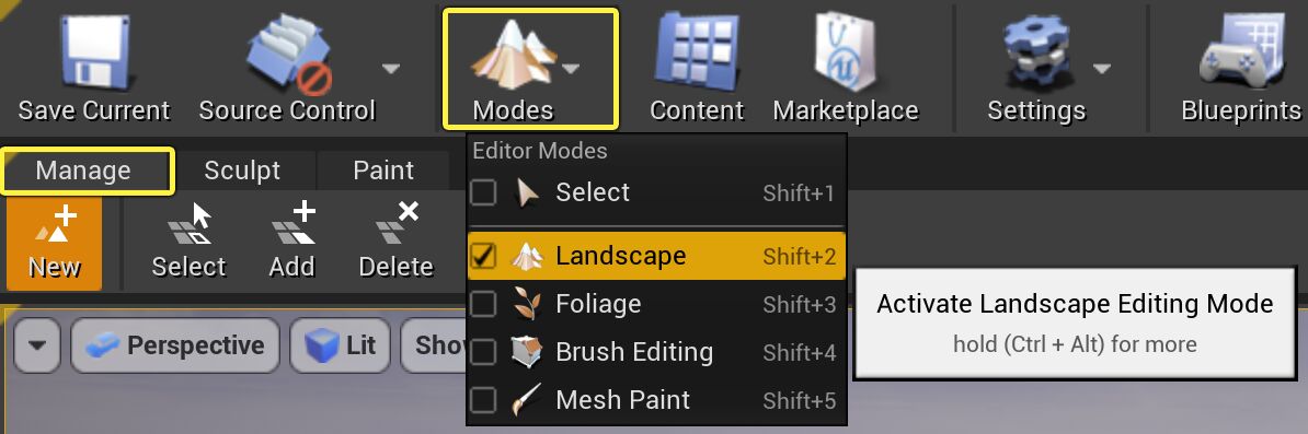 Image of opening Landscape Manage mode