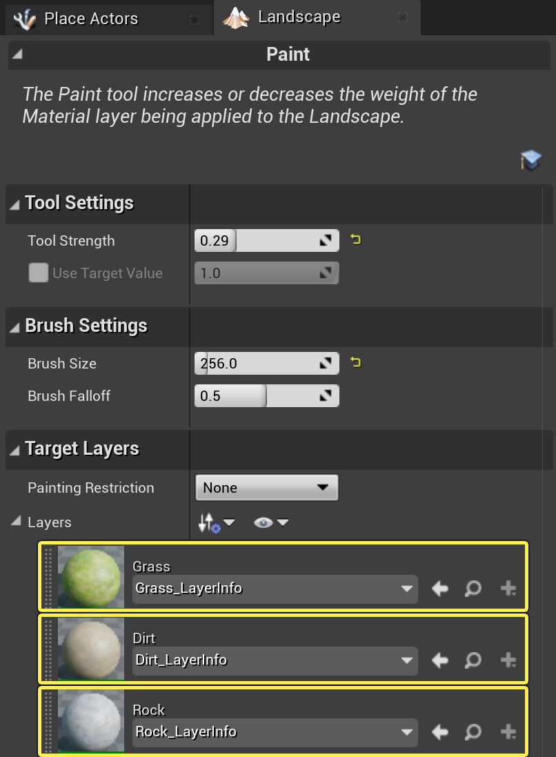 Image showing all Layer Info objects in the Target Layers section of the Landscape panel