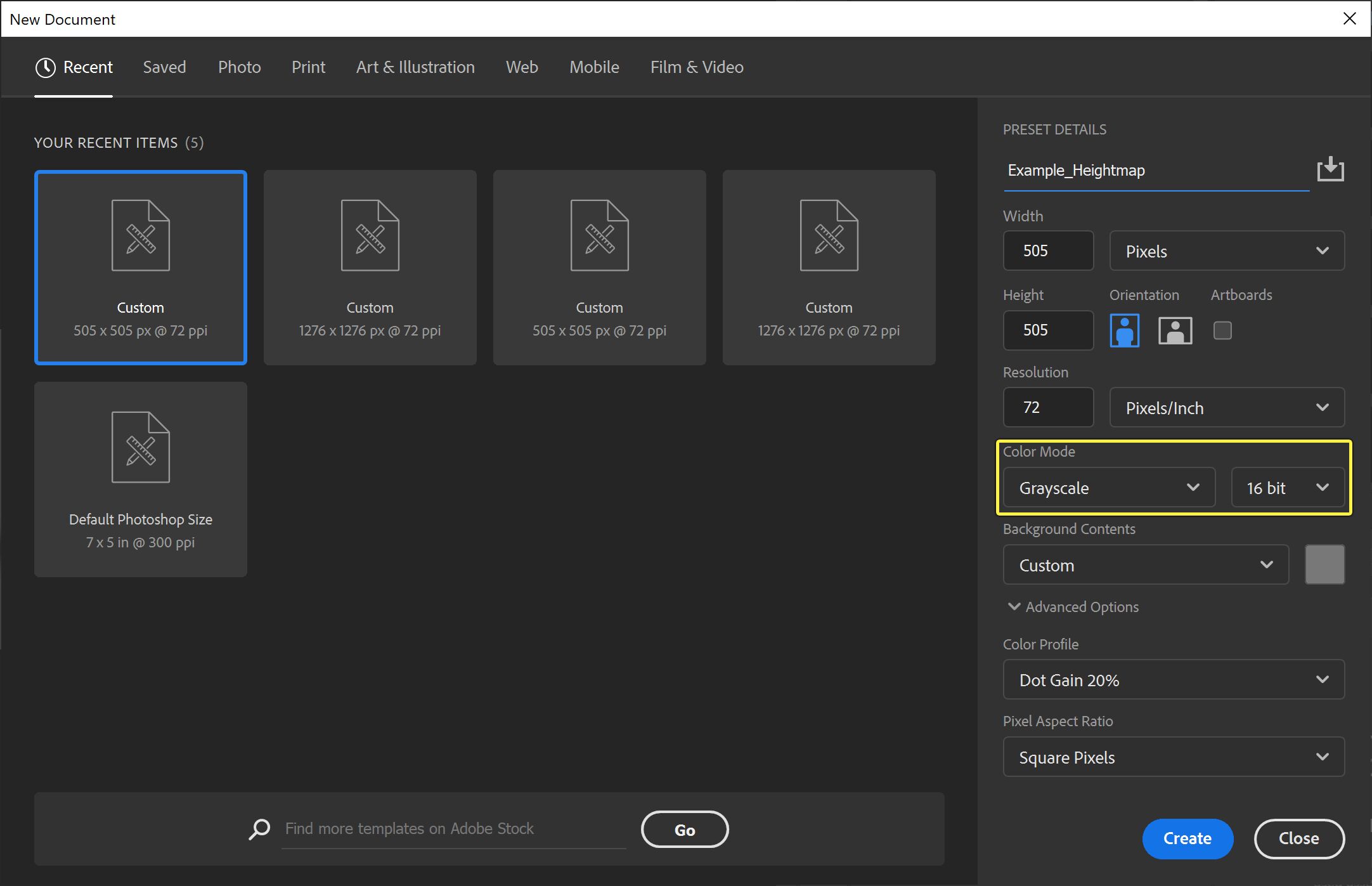 Image of Sample Photoshop settings for a Heightmap