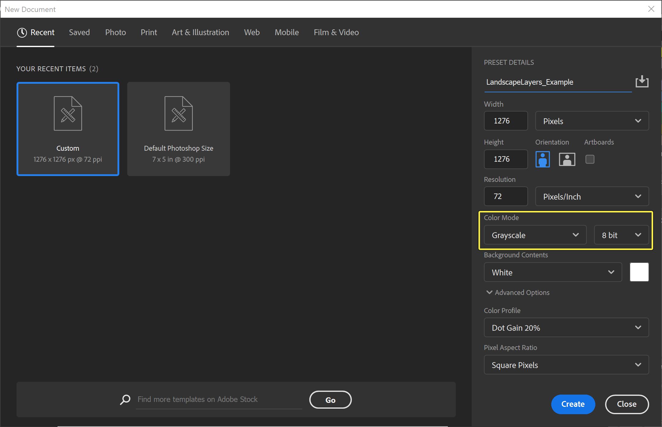 Image of Photoshop sample settings