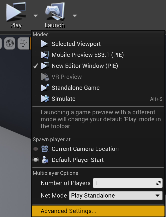 PIE Settings from Play Button Menu
