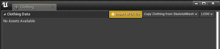 资产面板布料分段中的APEX导入按钮