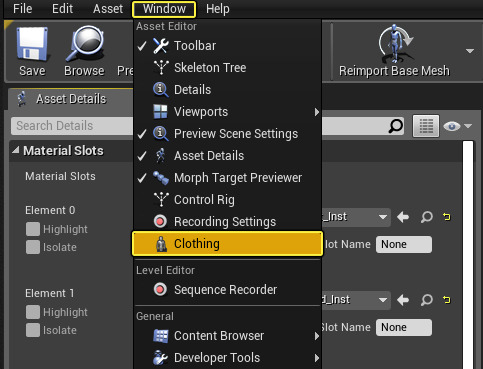 在主窗口菜单中选中布料