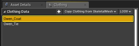 Selecting a cloth asset from the clothing data list