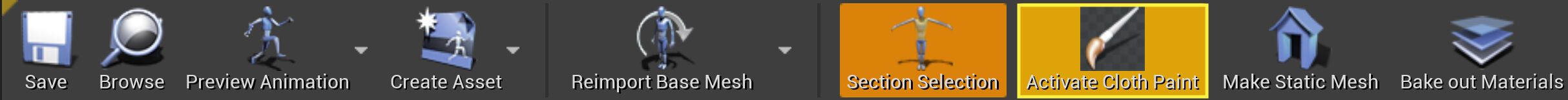 Highlighting the activate cloth paint button in the toolbar