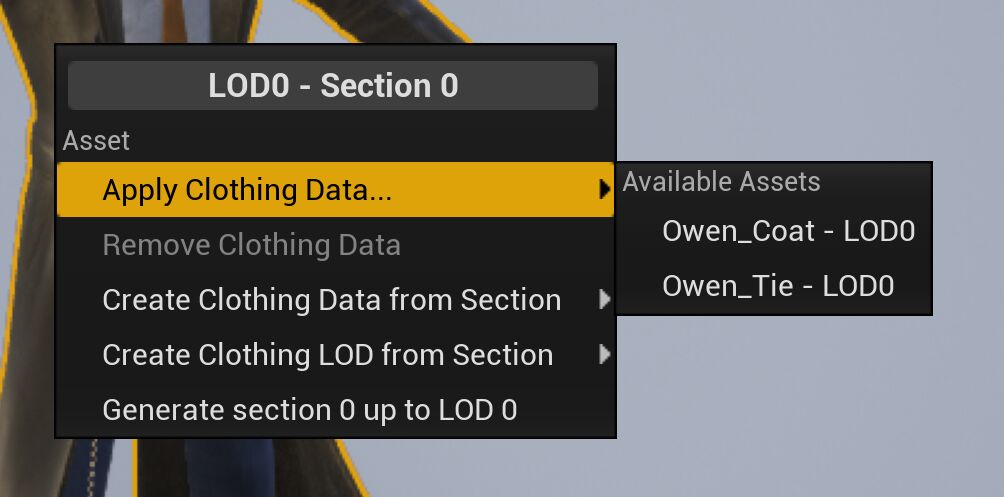 使用情境菜单应用布料资产