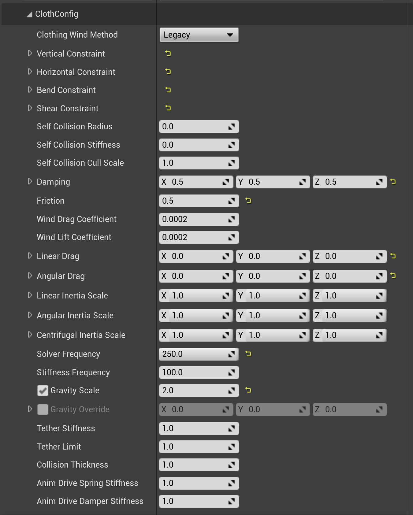布料面板中的布料配置属性