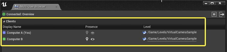 Multi-User Editing Connected Clients panel