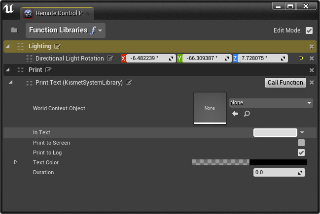 远程控制预设的屏幕截图，带公开的定向光源旋转属性和Print Text函数