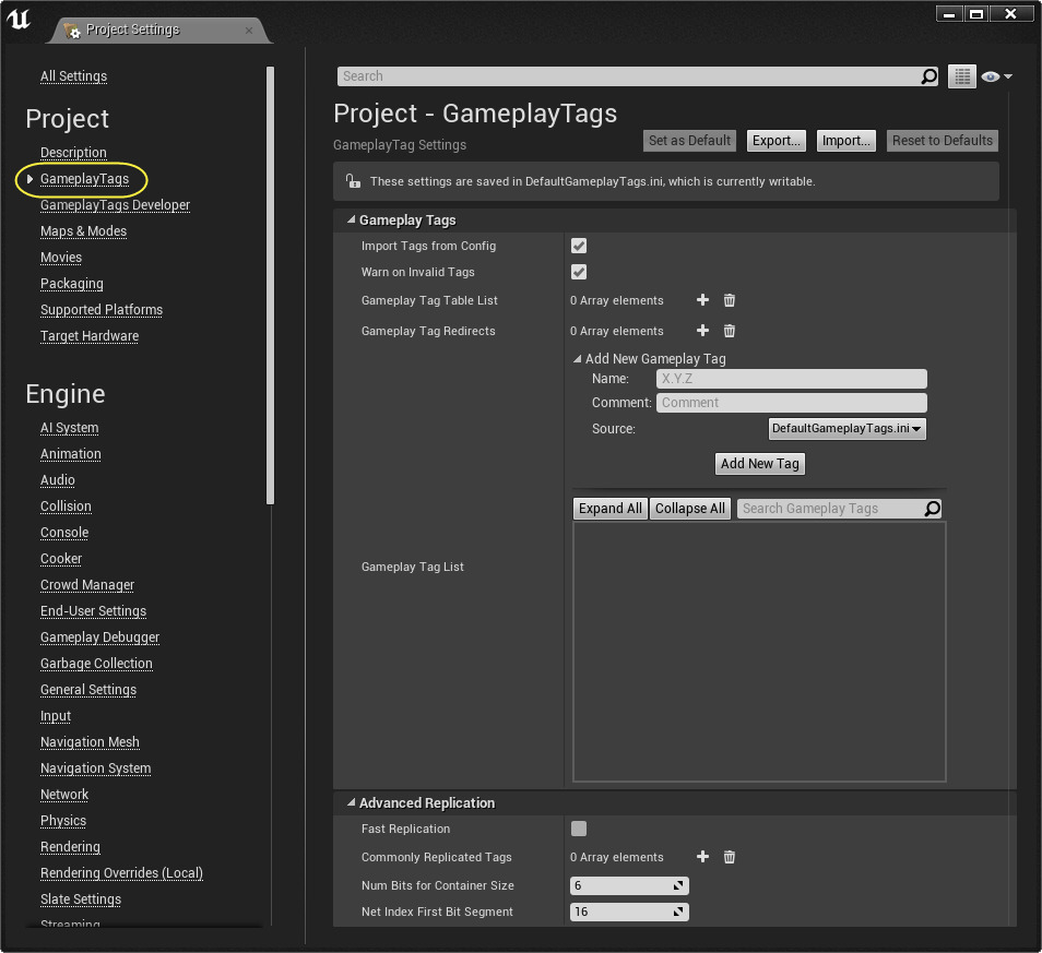 项目设置（Project Settings）中的Gameplay标记（Gameplay Tags）菜单