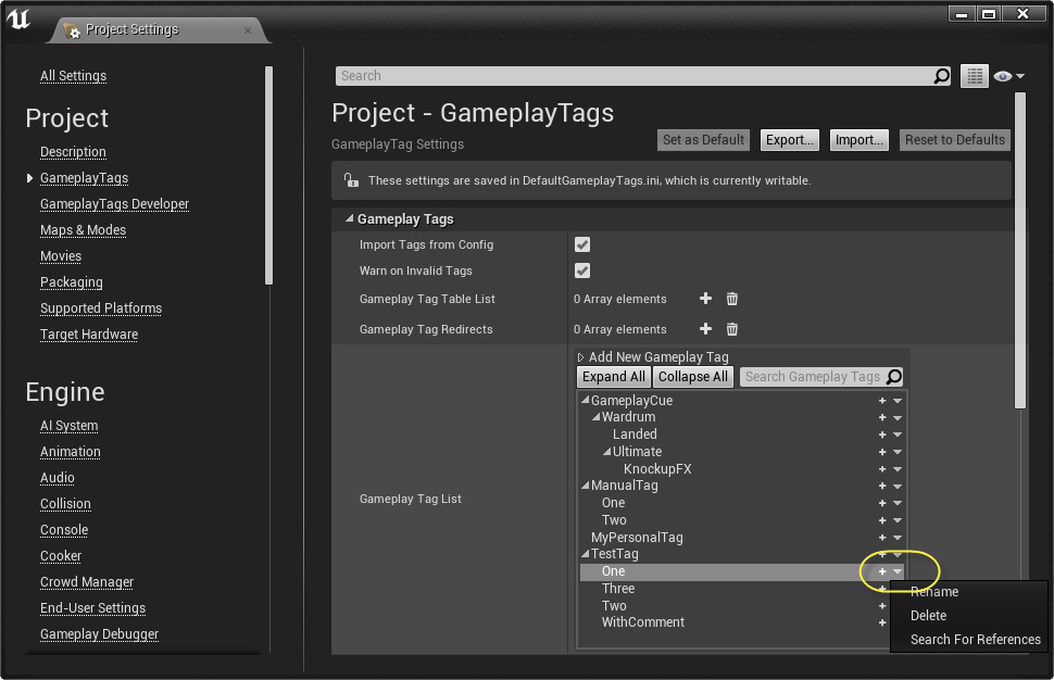 在项目设置（Project Settings）中编辑单个Gameplay标记