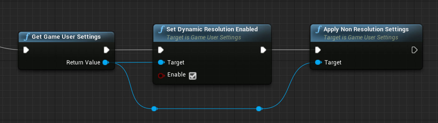 The Game User Settings node in Blueprint provides access to Dynamic Resolution settings.