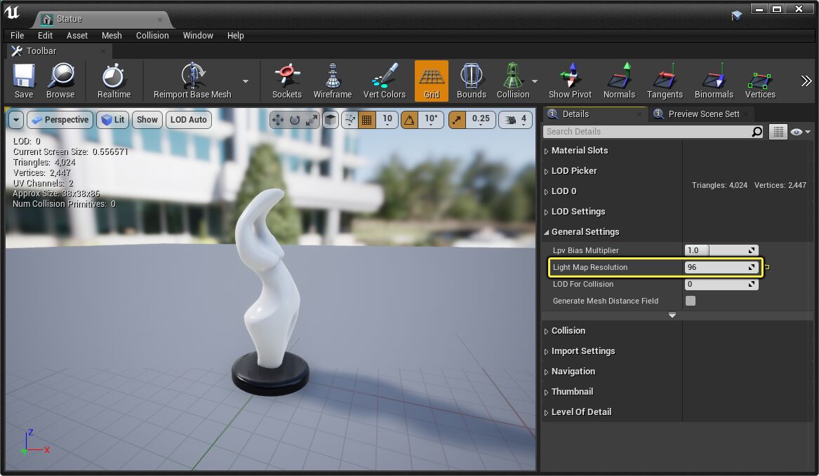 静态网格体编辑器光照贴图分辨率设置