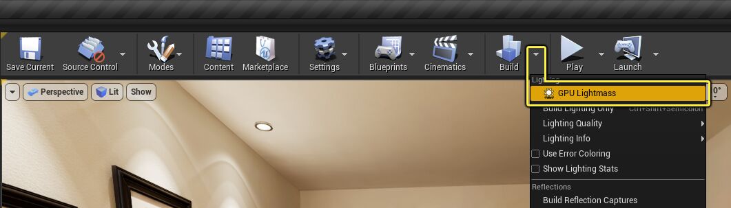 工具栏中包含GPU Lightmass选项的"构建"下拉菜单