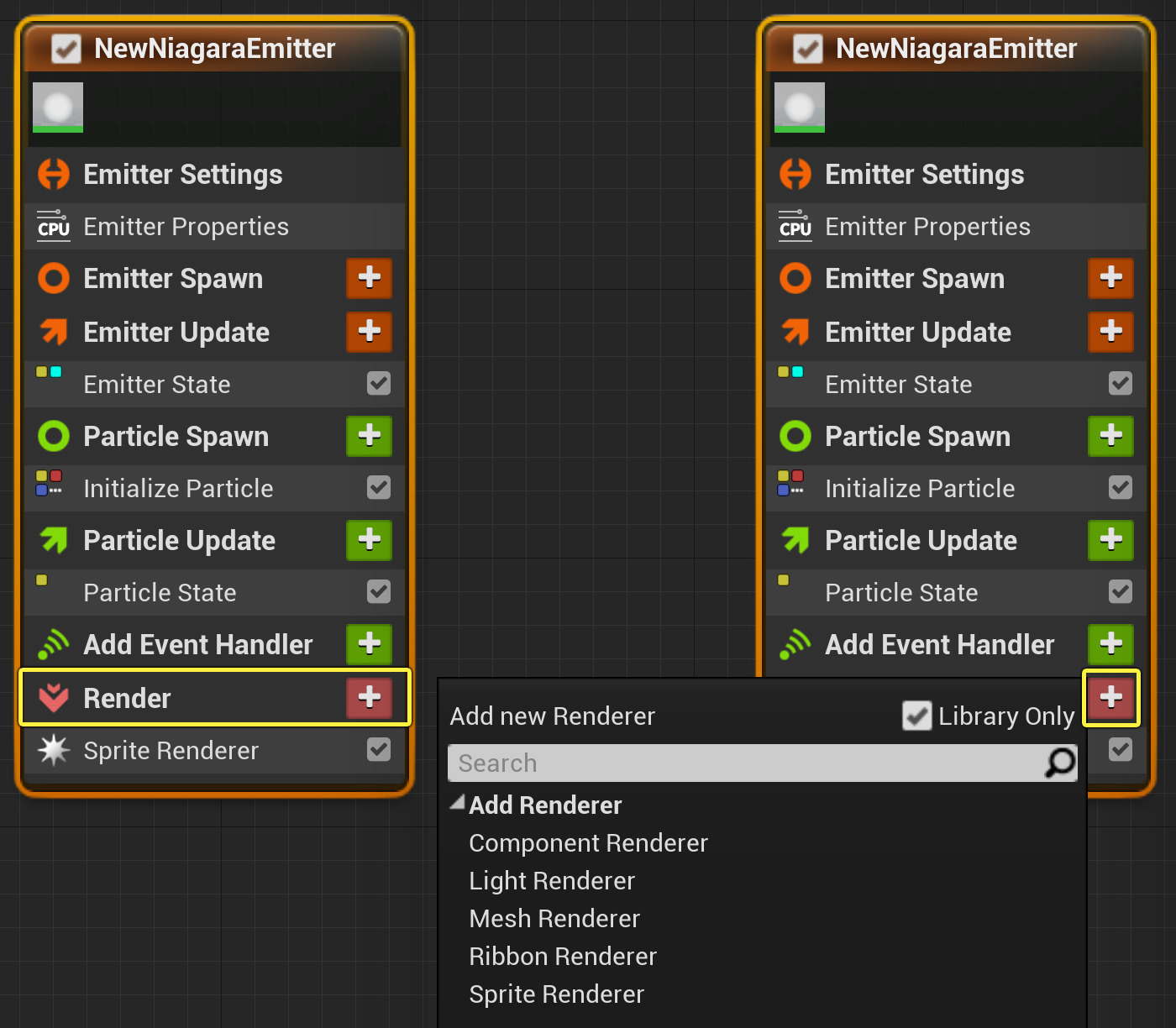 在蓝图中为Niagara发射器添加渲染器按钮和下拉菜单