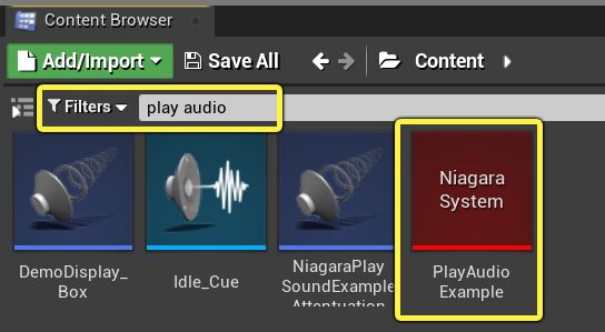 在内容浏览器筛选器中设置播放音频，以查找音频内容示例。