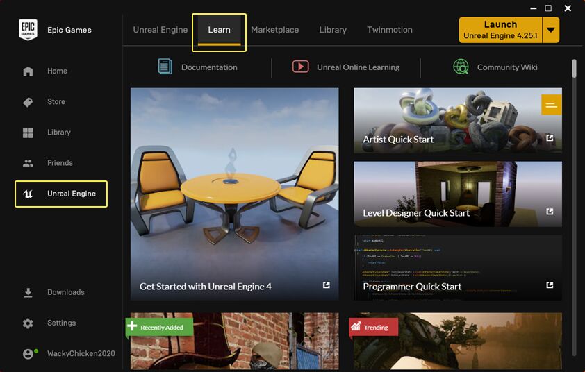 虚幻引擎网站上的学习选项卡
