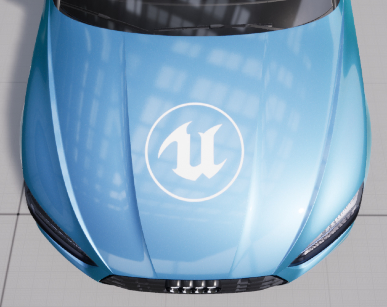 作为贴花应用到汽车引擎盖上的虚幻引擎徽标