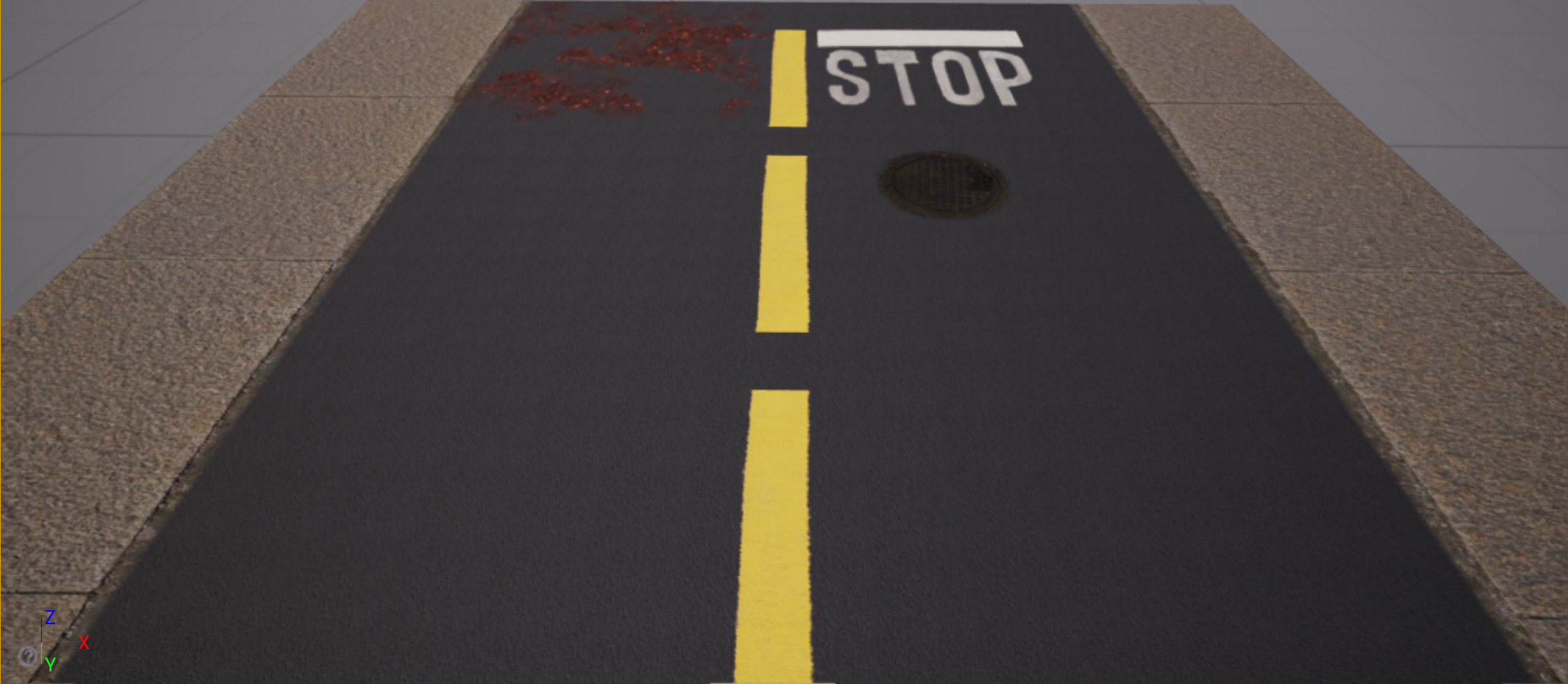 The sidewalks, road markings, and autumn leaves in this scene are all Decals