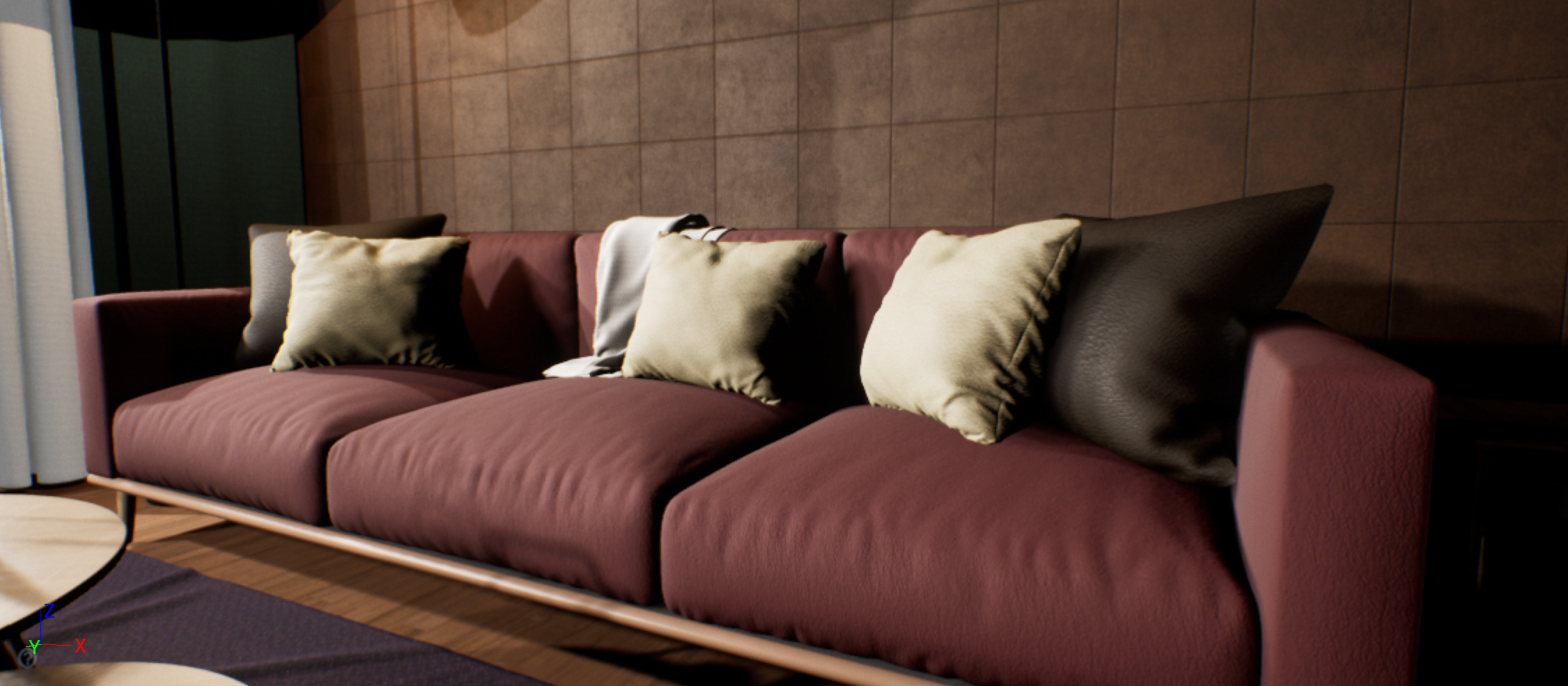 The leather couch and back wall are textured with a variety of Materials using the Opaque Master