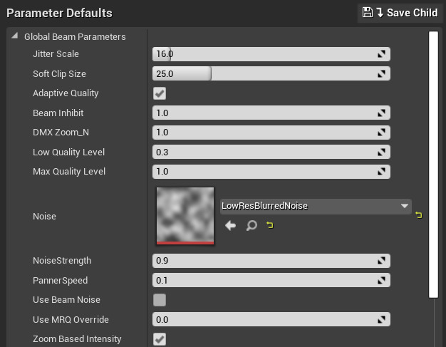 Material parameter defaults panel