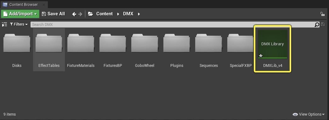 DMX library asset in the content browser