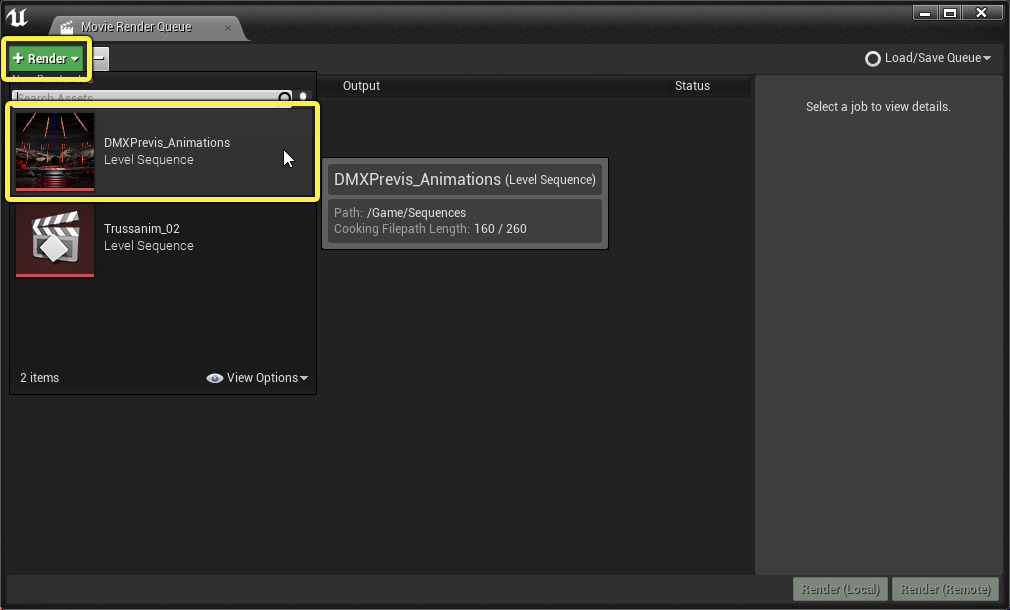 select the DMX previs animations level sequence