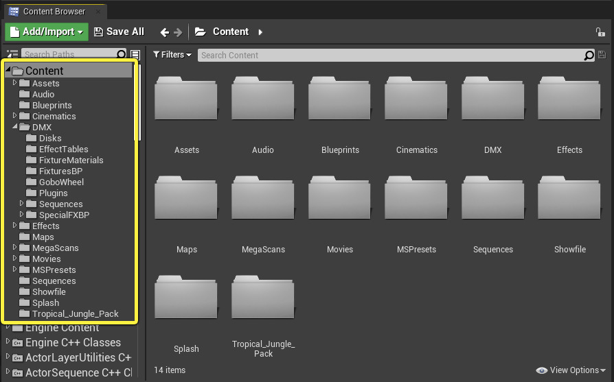 DMX subfolders in the content browser hierarchy