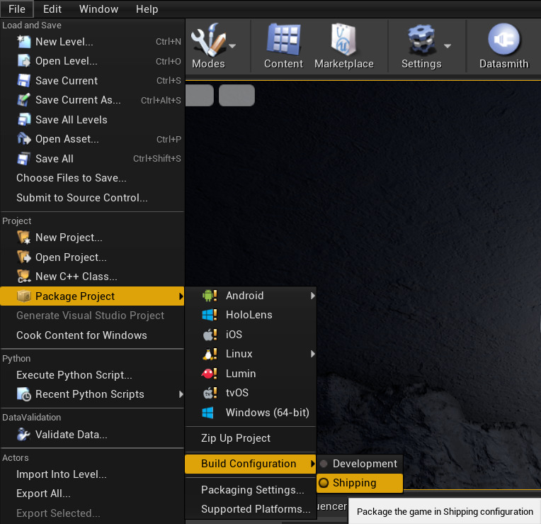 虚幻编辑器菜单中的发布构建配置选项