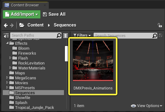 DMX previs animations in the content browser