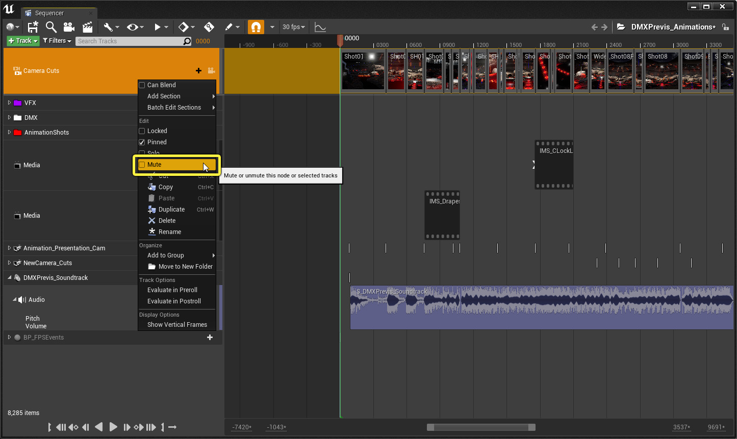 Sequencer window camera cuts track mute option