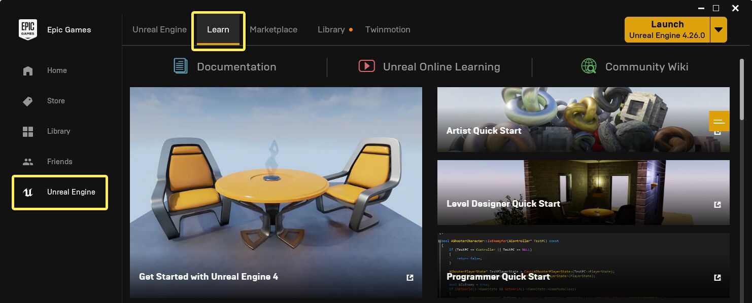 The Learn tab in the Epic Games Launcher