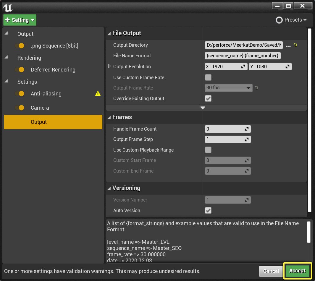 Movie Render Queue settings window with the applied settings