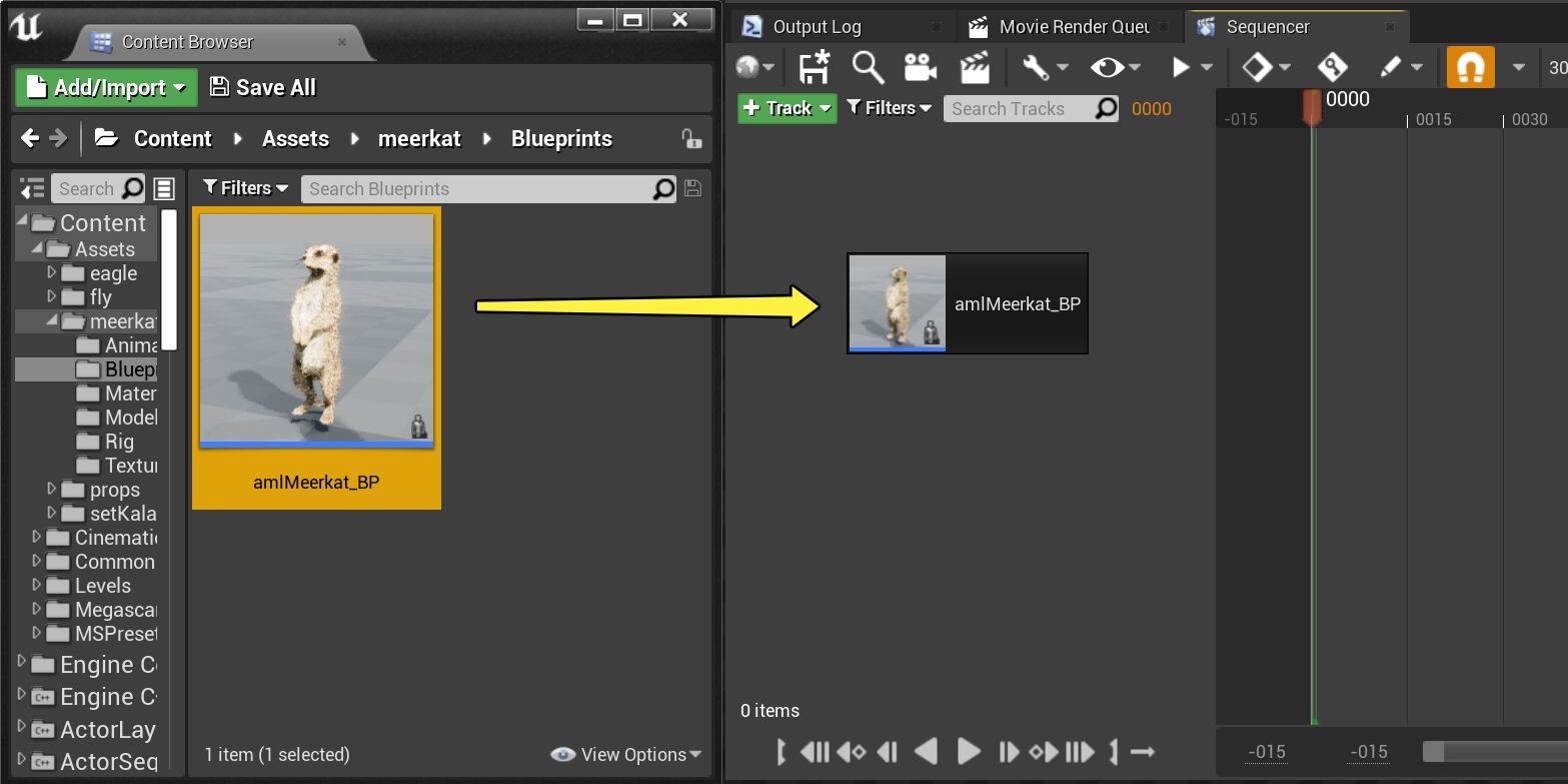 Clicking and dragging the Meerkat control rig asset into the sequence