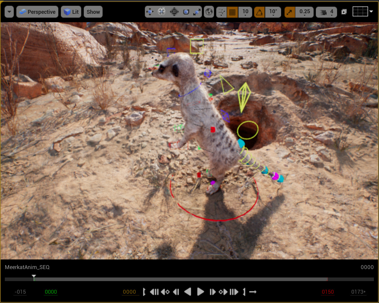 The Meerkat control rig visible in the level