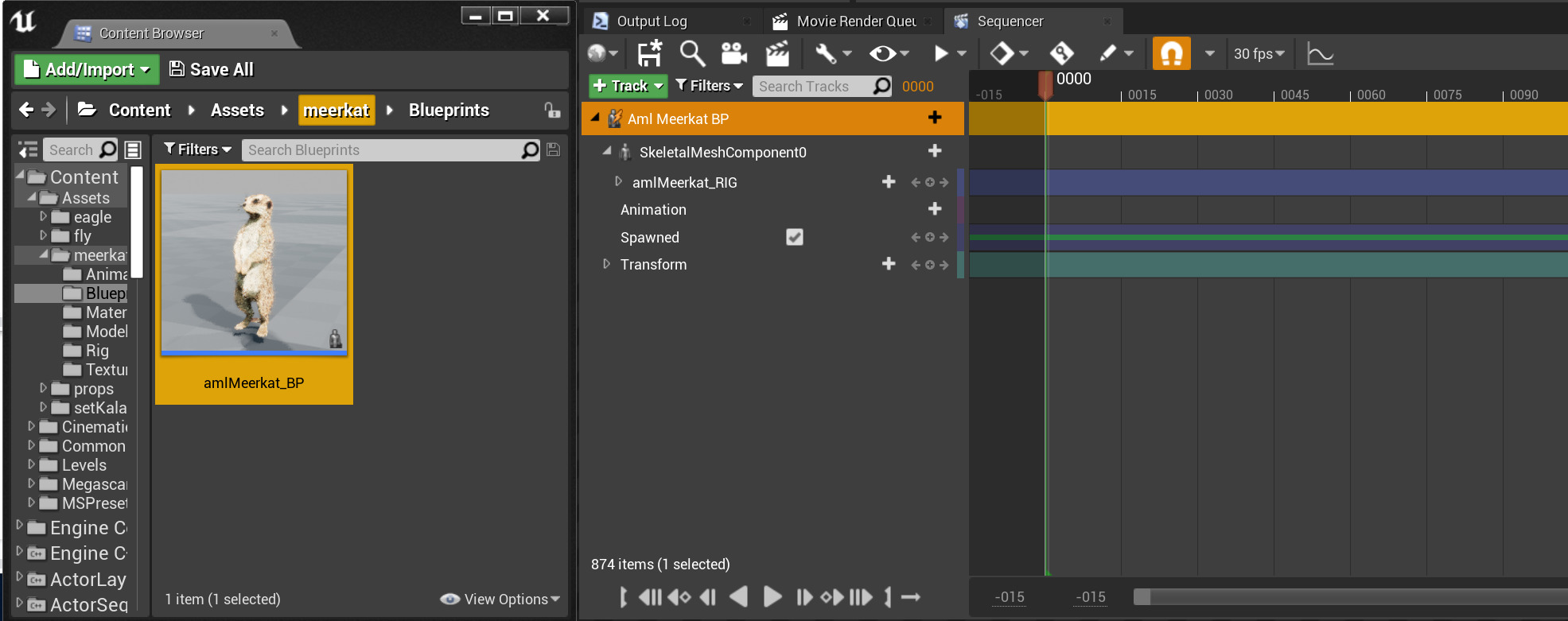 The Meerkat control rig in the Sequencer timeline