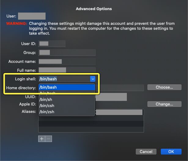 Set the dropdown to bin/bash