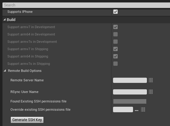 远程构建的构建选项，包括服务器名称和SSH密钥