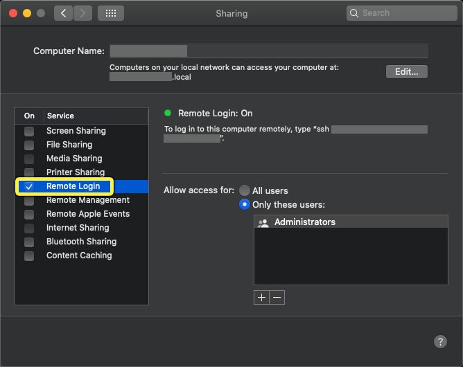 共享中的远程登录配置